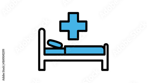 Healthcare Illustration: A minimalist illustration of a hospital bed beneath a prominent blue cross, representing care and recovery. 