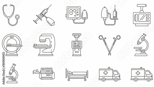 Medical Icon Array: A carefully curated collection of medical icons, depicting essential tools and instruments used in healthcare, offering a glimpse into the world of medicine.