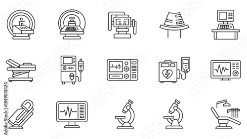 Medical Equipment Icons: A detailed illustration of various medical equipment, showcasing the tools and instruments utilized in healthcare settings for diagnosis and treatment. 
