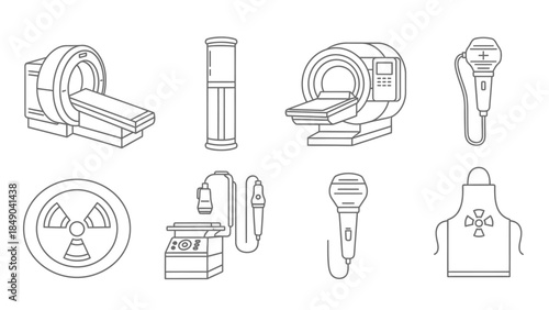 Medical Technology Icon Set: A comprehensive collection of meticulously crafted line art icons showcasing the intricacies of advanced medical imaging and protective equipment.