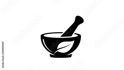 Herbal Remedy Symbol: A minimalist depiction of a mortar and pestle with a leaf. Evoking a sense of traditional healing and natural remedies. 