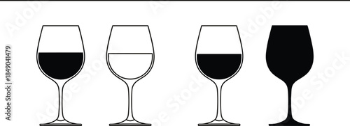 Wine glass vector illustration set with filled, half-filled, outline, and silhouette styles, elegant drinkware icons for restaurant, bar, and beverage design