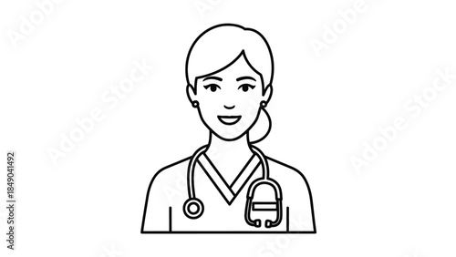 Portrait of a Compassionate Nurse: A line art portrait of a healthcare professional embodies empathy, expertise, and a dedication to the well-being of others, with a stethoscope ready to serve.