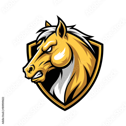 Illustration of a muscular horse head in a shield with a gold and black color scheme on a white background.