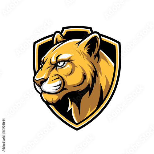 Illustration of a lioness head in a shield with yellow and black colors on a white background.