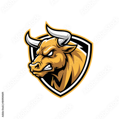 Illustration of a fierce bull's head with sharp horns and aggressive expression inside a shield emblem with a black, white, and orange color scheme on a plain white background.