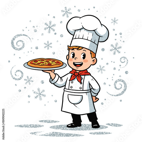 cartoon little boy chef holding a pizza for cooking blogs, restaurant websites, children's culinary education, holiday menu design, and creative kitchen presentations, with copy space