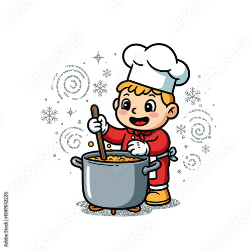 cartoon little boy chef stirring a large pot for cooking blogs, children's recipe websites, culinary school marketing, festive food brochures, and creative kitchen educational materials, with copy spa