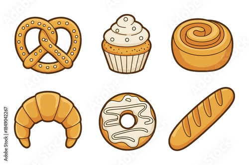 Assorted baked goods and pastries white background pretzel cupcake