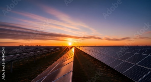 Vast Solar Power Plant at Sunset with Rows of Sun Reflectors and Solar Panels in a Sustainable Renewable Energy Scene