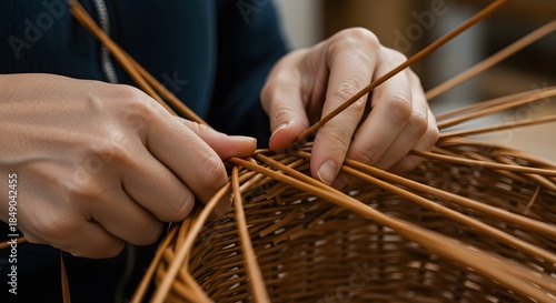 Skilled Artisan Weaving Natural Rattan Baskets Demonstrating Intricate Craftsmanship and Attention to Detail in Handcrafted Baskets