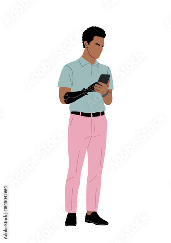 Young man with a black prosthetic arm, casual outfit, checking his smartphone, Clean vector illustration isolated on transparent background.