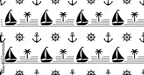 Nautical sailboats anchors wheels and palm trees silhouette white background shipwheel