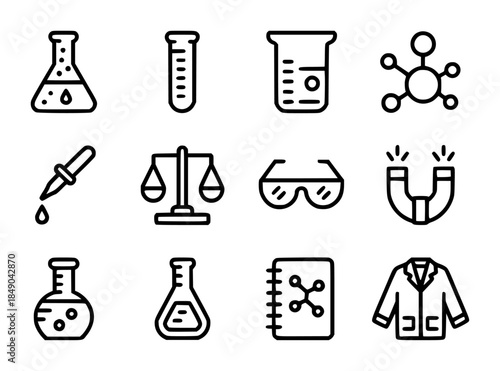 Of laboratory equipment and science symbols isolated white background editable pictogram