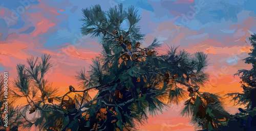 Pine tree branches with cones against a colorful sunset sky. Digital painting style illustration. Artistic nature background featuring pine needles and cones at dusk with orange and blue clouds.
