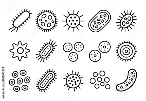 Various bacteria shapes and forms in black microbes microorganisms germ virus