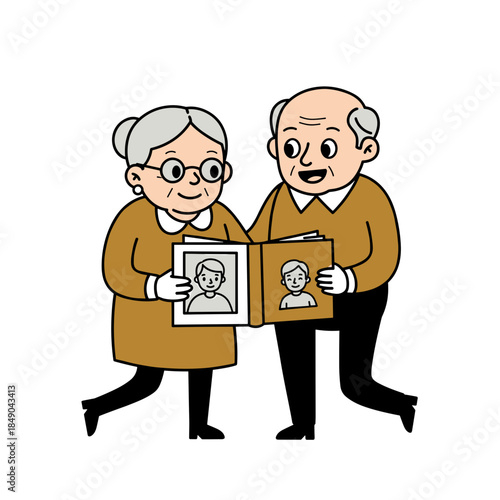 cartoon elderly couple looking at a photo album for memory preservation blogs, genealogy websites, retro clip art, family history presentations, and senior wellness articles, with copy space