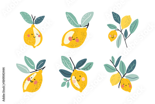 Vector illustration, set of cute smiling lemons hanging on branches with leaves