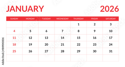 January 2026 Calendar Grid Red White planner