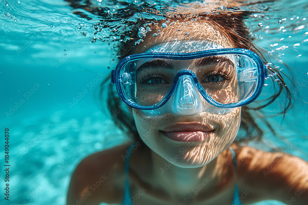 Fototapeta premium Young woman snorkeling underwater with blue goggles, smiling calmly as sunlight ripples across her face in clear turquoise water, creating a serene summer vacation mood.