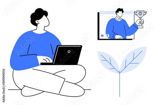 Person working on laptop during a video call showing trophy presentation, highlighting remote work, achievement, and professional growth. Ideal for work-life balance, online meetings, success