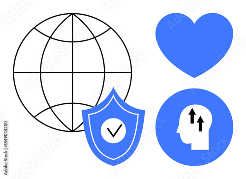 Global security concept. protection through shield, heart for human connection, and arrows for personal growth. Global security for digital safety, self-improvement, health, education, social causes