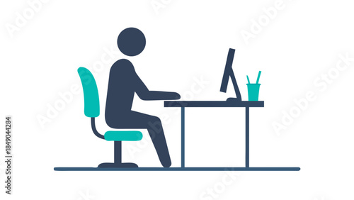Minimal silhouette of a person sitting at an ergonomic desk, healthy work-life balance concept