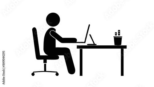 Minimal silhouette of a person sitting at an ergonomic desk, healthy work-life balance concept
