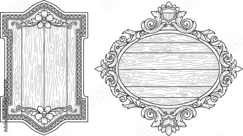 wooden signs with different ornate shapes silhouette icon set isolate vector art 