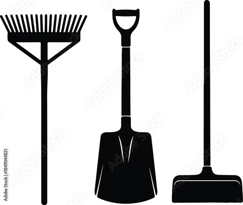Silhouette collection of gardening tools including rake shovel and broom Vector Illustration