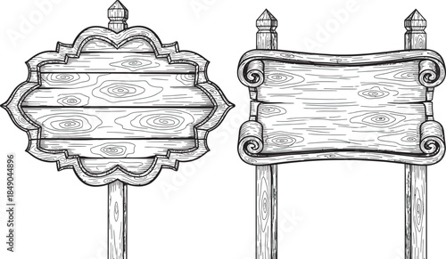 wooden signs with different ornate shapes silhouette icon set isolate vector art 