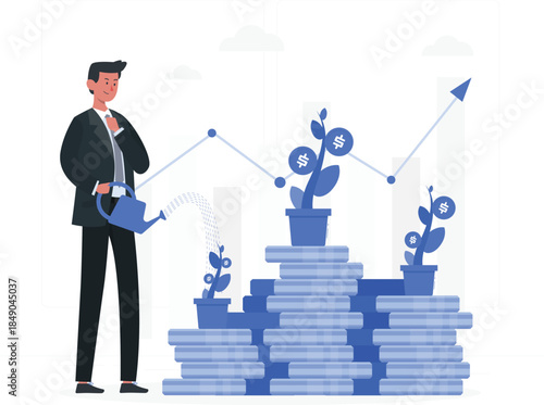 Businessman watering plants growing on stacks of money with dollar signs watering can