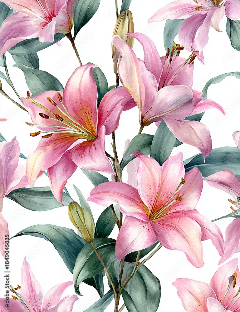 Fototapeta premium Elegant, chic, vintage seamless repeatable pattern featuring blooming elegant pink lilies with green leaves on a white background, soft pastel tones