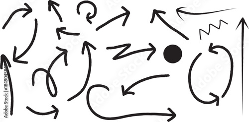 A chaotic arrangement of arrows and abstract shapes on a plain white background