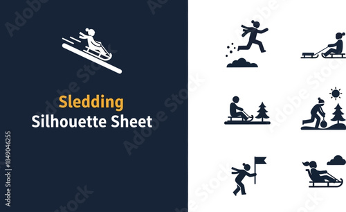Collection of winter sledding and snow activity silhouettes for seasonal design