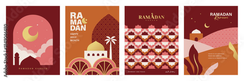 Set of Ramadan Kareem banner, poster, greeting card, cover design with mosque, crescent moon, pattern background and typography in flat geometric style.

