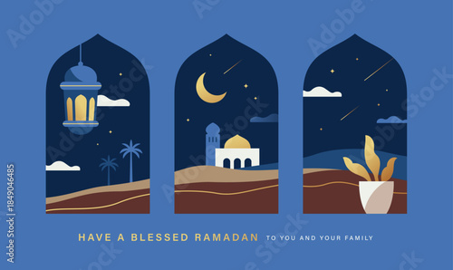 Ramadan Kareem and EID Mubarak banner, poster, greeting card, cover design with mosque, lantern crescent moon and stars in flat geometric style.

