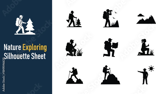 Collection of hiker and explorer silhouettes engaged in outdoor nature activities