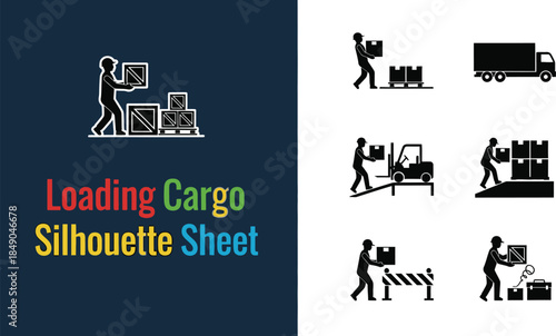 Collection of cargo loading and unloading silhouettes representing logistics services