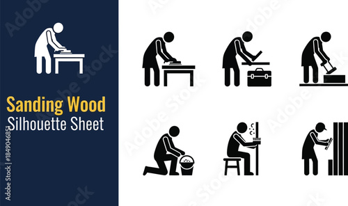 Set of black silhouettes showing woodworking, sanding, and finishing tasks