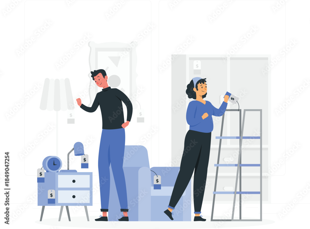 Obraz premium Cartoon couple moving furniture and hanging woman d