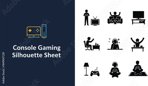 Collection of console gaming silhouettes showing player activities and setups