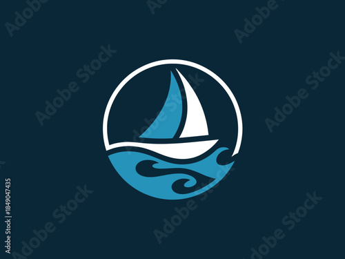 Sailboat Logo on Navy Blue, Sailing Icon in Circle Graphic Design