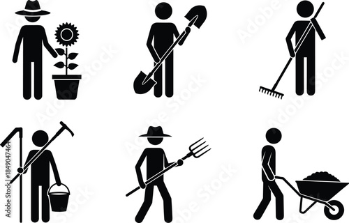 Gardening and farming icons set, agricultural workers with tools, planting digging raking harvesting wheelbarrow silhouettes, simple black pictogram collection isolated