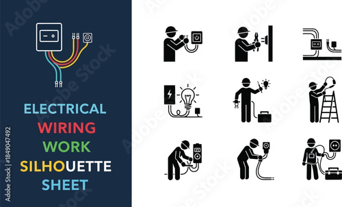 Electrical wiring work silhouettes for construction and repair concepts