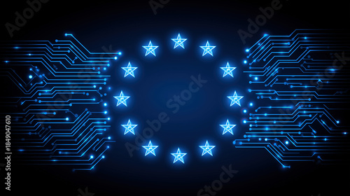 Glowing circuitry surrounds emblem signifying connected continent embracing modern transformation.