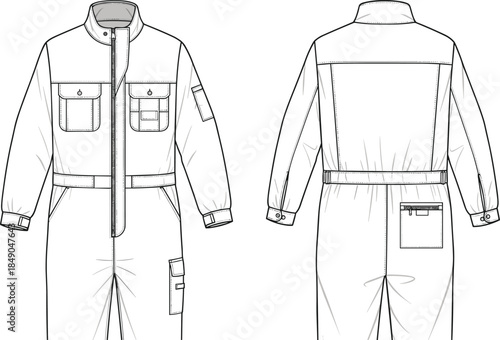 Industrial, coverall, jumpsuit, technical, flat, illustration, front, and, back, view, workwear, uniform, design, blueprint, vector, fashion, garment, sketch, isolated, white,