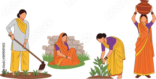 Rural, village, women, farming, agriculture, daily, life, illustration, traditional, sari, fieldwork, planting, harvesting, manual, labor, community, lifestyle, South, Asian, countryside