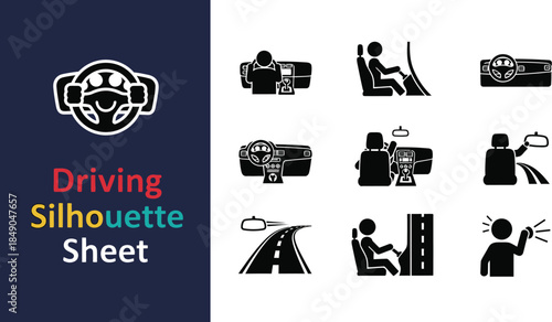 Silhouette sheet of driving actions and road safety concept icons