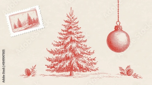 Red hand-drawn Christmas tree, hanging ornament, pinecones and forest stamp on light beige textured background, vintage festive holiday decor for Xmas seasonal celebration.